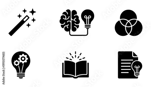 Creative process icon set, 6 black solid vector symbols, brain and lightbulb idea icons