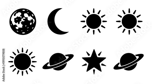 Celestial space icon set, 8 black sun moon and planet vector symbols, astronomy weather signs