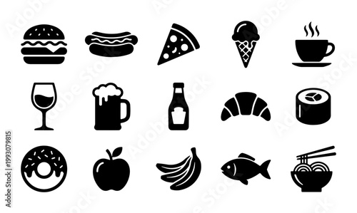 Minimalist food and drink icons set, 15 black solid vector symbols of fast food and restaurant menu items, flat graphic elements for cafe signage