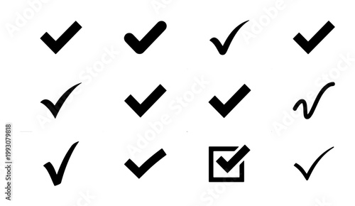 Minimalist check mark icon set, 12 black tick symbols, flat validation signs for web and apps