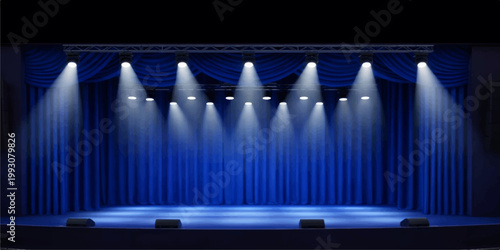 A vibrant blue disco spotlight illuminates an empty theater stage, creating a professional motion backdrop for a night party or business show illustration