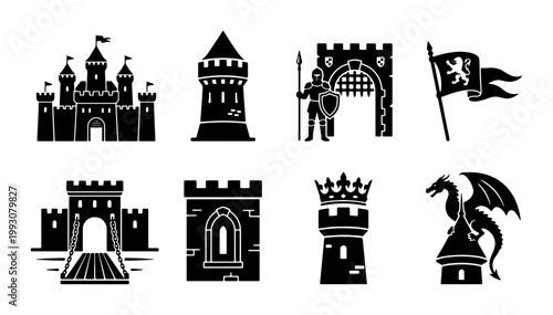 Medieval castle icons set, black fortress silhouette vector, 8 fantasy kingdom gaming elements