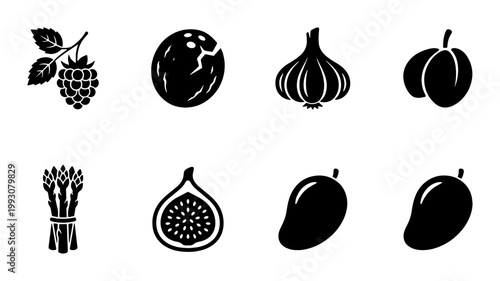Minimalist fruit and vegetable icons, black silhouette food symbols set of 8 vectors, organic produce graphics for grocery and menu design