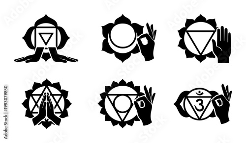 Chakra symbols with mudra hand gestures, spiritual yoga icons set, black sacred geometry vector