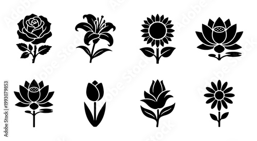 Minimalist black flower icons set, 8 floral vector silhouettes including rose and sunflower, botanical blossom symbols for logo design and branding