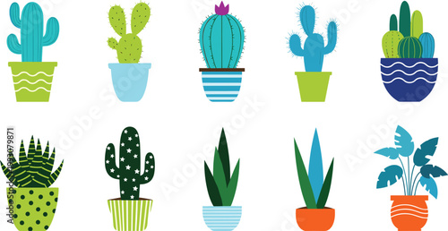 Cute Colorful Cactus and Succulent Potted Plant Vector Illustration Set Featuring Various Indoor Desert Plants in Decorative Pots for Home Garden and Botanical Concept Design