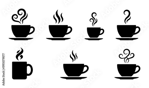 Minimalist coffee cup icons set, black steam mug silhouettes, 7 hot drink vector illustrations
