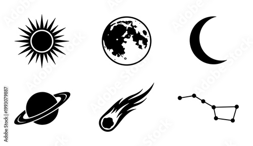 Celestial space icons set, black sun and moon vector silhouettes, 6 astronomy planet symbols