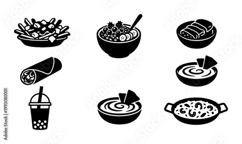 Minimalist food icon set, black and white restaurant meal vectors, 8 flat snack and drink icons