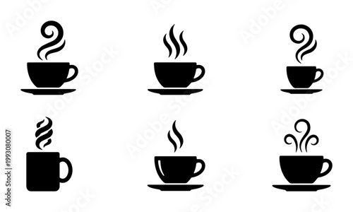 Minimalist coffee cup icons set, black silhouette hot drink mugs with steam, 6 vector beverage symbols for cafe menu and restaurant branding