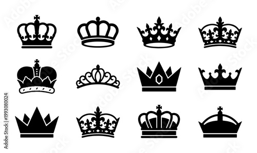 Royal crown silhouettes set, 12 black imperial tiara icons, vintage heraldic king and queen headwear vector, elegant monarch jewelry symbols