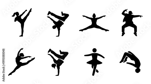 Dynamic dancer silhouettes set, black vector icons of ballet and hip hop performers, athletic people dancing in various poses and styles