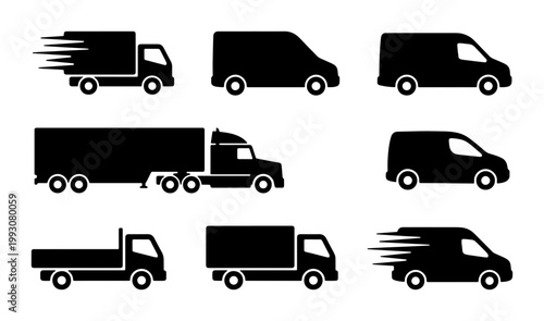 Delivery truck and van icons set, black silhouette transport vehicle collection, fast shipping and logistics freight symbols, 8 vector cargo icons