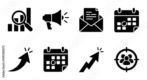 Digital marketing icons set, black solid business growth symbols, 8 vector elements for SEO and social media strategy, professional analytics and targeting graphics