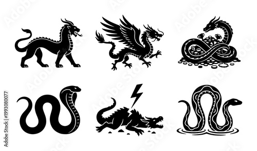 Mythical dragon and serpent silhouettes, set of 6 black fantasy creature icons, medieval beast vector illustrations for gaming and heraldry