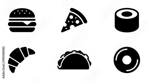 Fast food icon set, black solid vector symbols of burger and pizza, 6 restaurant menu elements