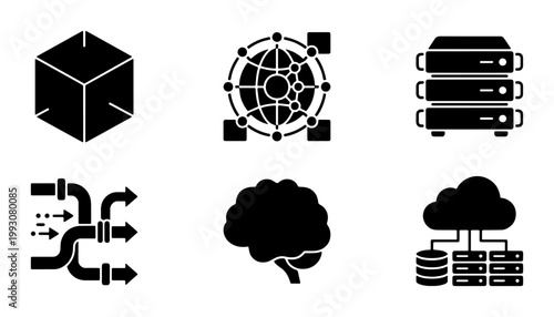 Data science and artificial intelligence icon set, 6 black solid vector icons for big data technology, cloud computing and machine learning symbols