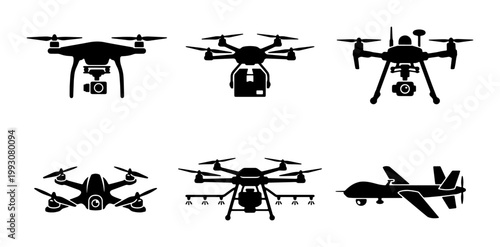Unmanned aerial vehicle drone icons set, black silhouette quadcopter and hexacopter vector collection, delivery and surveillance drone symbols
