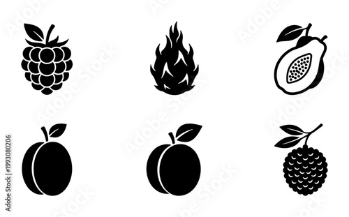 Minimalist fruit icon set with 6 black vector symbols, organic food silhouettes including raspberry, dragon fruit, papaya, plum, peach, and lychee