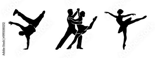 Black dance silhouettes set, breakdancer and ballroom couple icons, elegant ballerina vector graphics, performing arts and movement illustrations