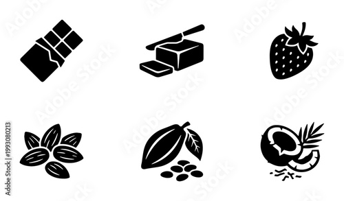 Minimalist food ingredients icon set, black solid vector symbols of chocolate, butter, strawberry, almond, cocoa, and coconut, 6 flat graphic elements