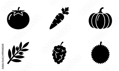 Minimalist vegetable and fruit icons set, black solid silhouette food symbols, collection of 6 organic farm produce vector illustrations