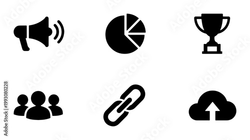 Minimalist business icon set, black solid vector symbols for marketing and data, 6 professional web interface elements for corporate presentations