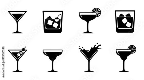 Minimalist cocktail icons set, black alcoholic beverage silhouettes, set of 8 drink vector illustrations for bar menus and signage