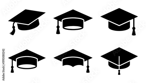 Graduation cap icon set, black academic mortarboard vector collection, 6 university student hat silhouettes for education and degree ceremony