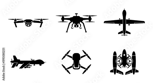 Unmanned aerial vehicle silhouette set, 6 drone and military uav icons, black quadcopter and surveillance aircraft vector collection