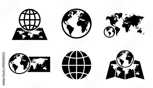 Global world map icon set, black earth globe vector symbols, 6 minimalist atlas and geography illustrations for travel and logistics design
