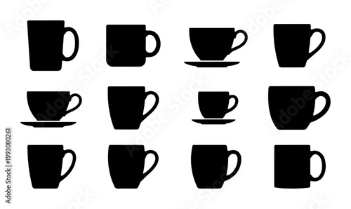Minimalist coffee mug silhouettes, set of 12 black tea cup icons, ceramic drinkware vector collection for cafe menus and kitchen branding