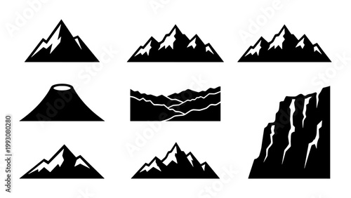 Minimalist mountain peak icons set, black and white mountain range vector silhouettes, 8 landscape nature elements for outdoor adventure branding