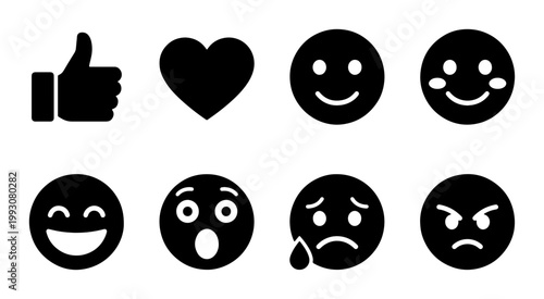 Minimalist emoji icon set with 8 black solid glyphs, social media reaction symbols including thumbs up and heart, expressive facial emoticons for UI design