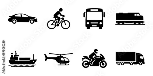 Transportation icons set of 8 black vector silhouettes, vehicle symbols for logistics and travel, car bus train ship helicopter and truck signs