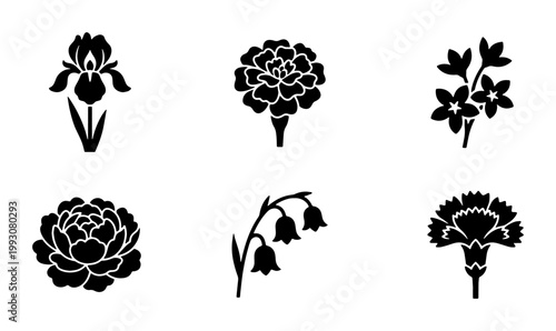 Minimalist floral icons set, black silhouette flower illustrations, collection of 6 botanical vector symbols for logo design and wedding stationery