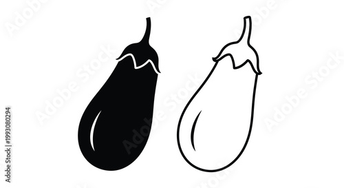 Two eggplants presented in contrasting styles a black silhouette
