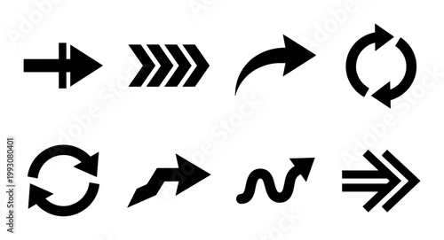 Black arrow icon set, minimalist directional pointers and navigation symbols, collection of 8 vector arrows for web design and infographics