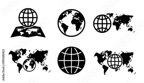 Minimalist world map icon set, black globe vector symbols, collection of 6 earth and planet silhouettes for travel and logistics design