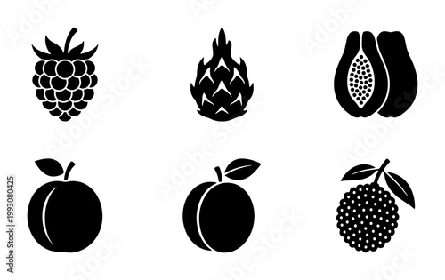 Minimalist black fruit icons set, 6 organic food vector silhouettes, tropical dragon fruit and papaya symbols for grocery branding and menu design