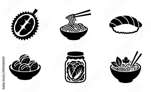 Asian food icons set, black silhouette vector of sushi, ramen noodles, durian fruit and kimchi jar, 6 minimalist culinary elements for restaurant menus