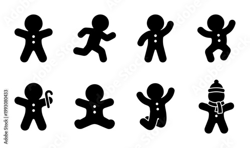 Gingerbread man silhouette icons, set of 8 Christmas cookie vector shapes, festive holiday biscuit characters in various poses for winter design