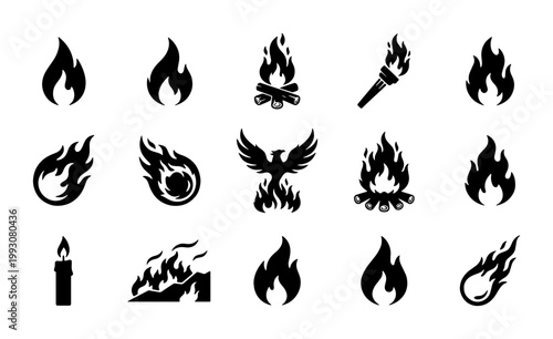 Black fire flame icons set, 15 vector silhouettes of bonfire and torch, flaming phoenix and fireball graphics, flat heat and energy symbols