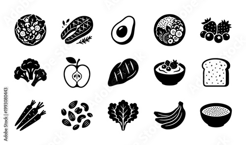 Healthy food icons set, 15 black vector nutrition symbols, organic diet ingredients and meal prep elements for wellness and fitness apps