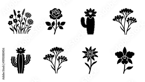 Minimalist black flower icons set, 8 botanical silhouette vector elements, floral rose and cactus symbols, garden plant graphics for logo design