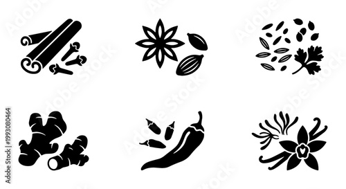 Tableau sur toile Culinary spices and herbs icon set, black silhouette spice collection with cinna