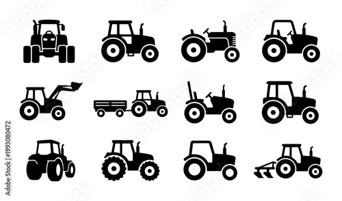 Agricultural tractor icon set, 12 black farm machinery silhouettes, industrial farming equipment vectors for logistics and agribusiness design