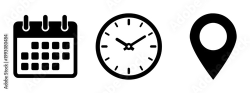Minimalist black event icons set, calendar clock and location pin vector graphics, simple scheduling and navigation symbols for web design