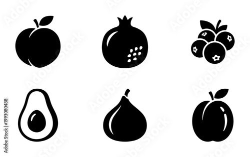 Minimalist fruit icon set with 6 black vector symbols, organic food silhouettes including avocado, pomegranate, and berries for grocery branding