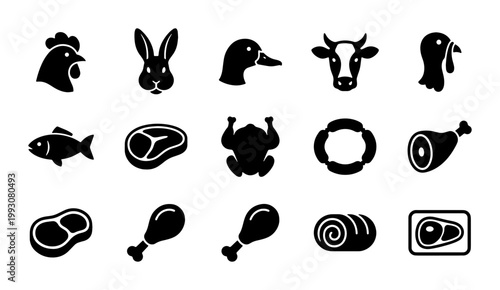 Cuadro en lienzo Minimalist meat and livestock icons, 15 black vector silhouettes of farm animals